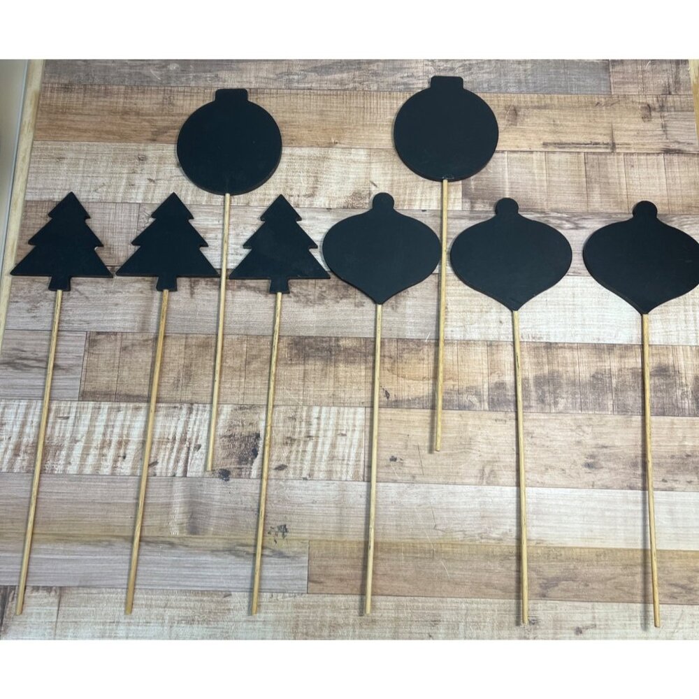 Set Of 8 Black Chalkboard Christmas Tree & Ornament Shape Picks For Holiday Craf